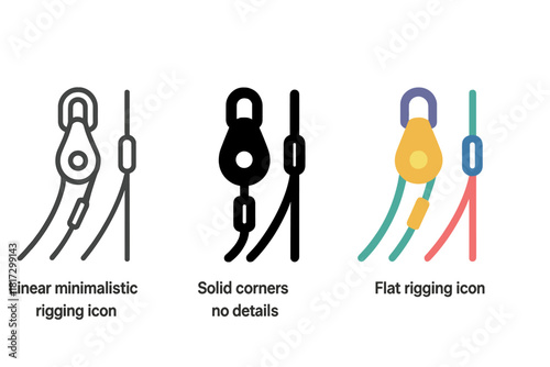 Minimalist Rigging Icons. Linear minimalistic rigging icon: shroud, stay, halyard, sheet, block, turnbuckle with smooth outlines,