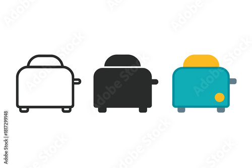 Minimalist Toaster Trio. Minimalist toaster icon: three identical toasters in a row, first in line style with thin outline, second