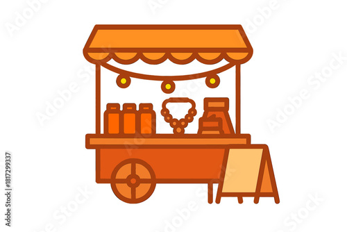 Evening Bazaar Icons. Linear minimalistic evening bazaar icon: food cart, spice jars, handmade jewelry, string lights, signage