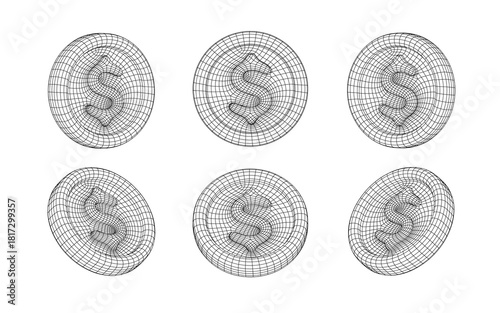 Wireframe dollar coins collection. Isolated 3d USD coin set. US dollar circle objects. Vector illustration