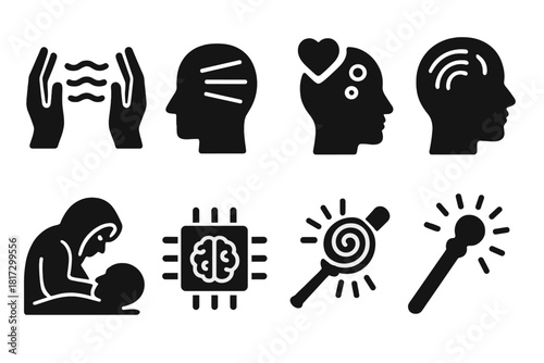Remote Influence Icons. Solid style icons of remote influence tools: psychic reach hands, long-range thought beams, emotion