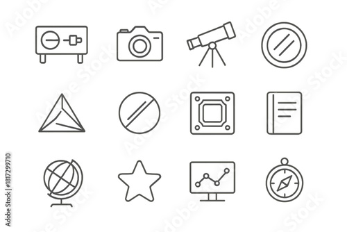 Astronomical Instrument Icons. Line style icons of Astronomical Instruments: Spectrometer, Camera, Telescope, Lens; Prism, Filter,