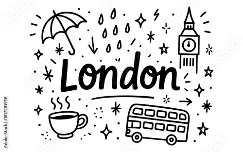 London icons doodle with big ben, umbrella, and double decker bus in black and white