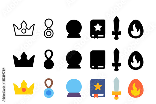 Mythical Artifacts Icons. Linear minimalistic mythical artifacts icon: enchanted crown, magic amulet, crystal orb, spellbook,