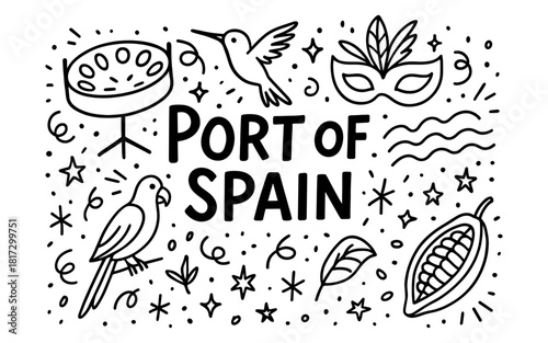 Port of spain doodle art with tropical and carnival themes