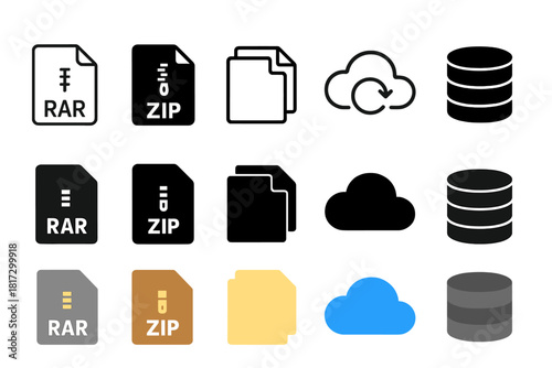 Compressed Files Icons. Linear minimalistic compressed files icon: rar archive, zip folder, file stack, backup sheet, cloud icon,