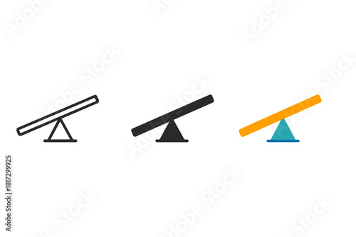 Minimalist Seesaw Icon Trio. Minimalist seesaw icon: three identical seesaws in a row, first in line style with thin outline,