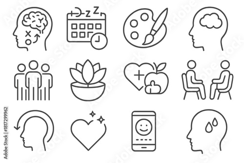 Icons of Mental Well-being. Line style icons of Mental Health Strategies: cognitive exercises, sleep routine, hobby time,
