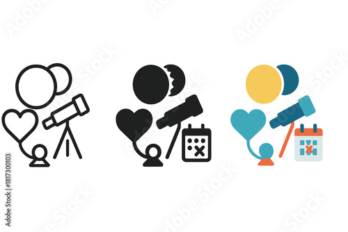Eclipse Tracking Icons. Linear minimalistic eclipse tracking icon: solar eclipse, lunar eclipse, telescope, calendar, shadow path,