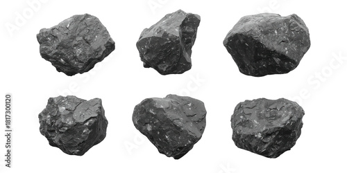 Dark basalt rocks isolated on transparent background, displaying their rugged and textured surfaces