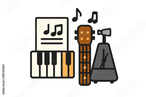 Music Practice Icons. Linear minimalistic music practice icon: music notes, exercise sheet, piano keys, guitar fretboard, tuning