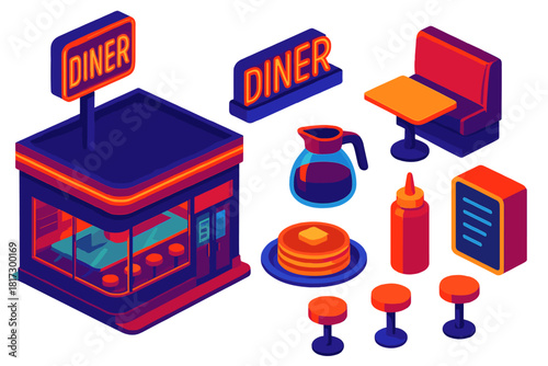 Urban Nightlife Diner. Isometric vector illustration set Urban nightlife – late-night diner, neon “Diner” sign, booth seating;
