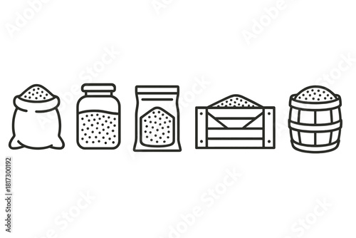 Grain Storage Icons. Line style icons of grain storage and packaging: burlap sack icon, airtight jar, vacuum sealed pouch, rustic