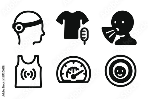 Brain-Computer Fashion Icons. Line style icons of Brain-Computer Fashion: wearable interface node, style change receiver, mood