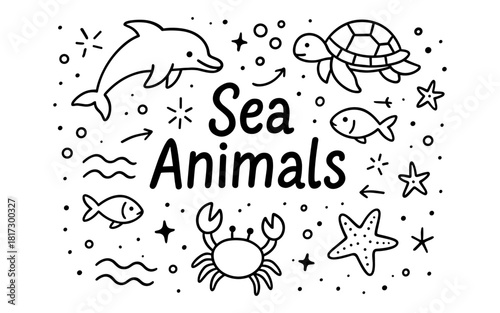 Cute sea animals line art with dolphin, turtle, and fish
