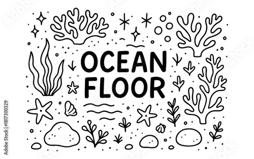 Hand drawn ocean floor design with coral, seaweed, and stars