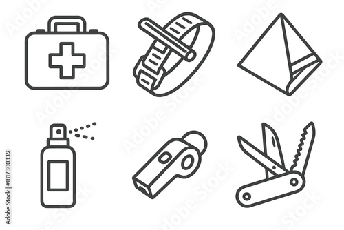 Wilderness Medicine Essentials Icons. Line style icons of wilderness medicine essentials: first aid kit, tourniquet device,