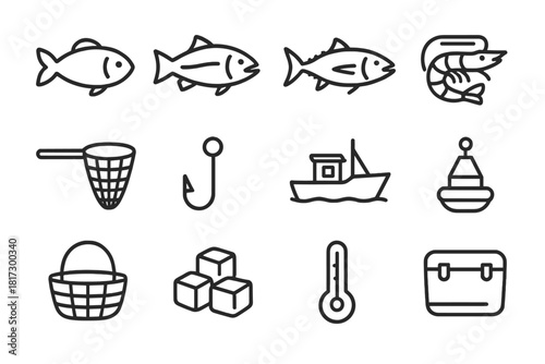 Fisheries Line Icons. Line style icons of Fisheries: Fish, Salmon, Tuna, Shrimp; Net, Hook, Boat, Buoy; Basket, Ice, Thermometer,