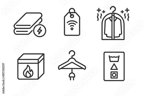 Smart Clothing Icons. Line style icons of smart clothing storage and care: folding with charger icon, smart laundry tag,