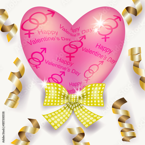 pink realistic heart with text Happy Valentine's Day and yellow bow