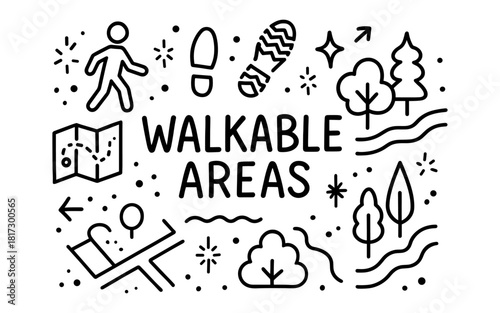 Walkable areas concept with maps and nature elements in linear style