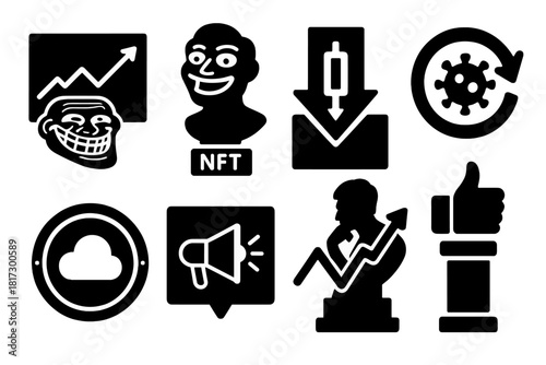 Meme Economy Icons. Solid style icons of meme economy icons: stock chart with meme face, NFT meme bust, value drop panel. Viral