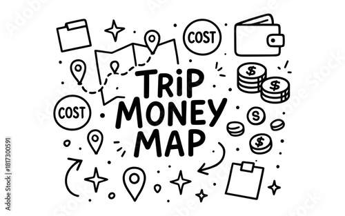 Travel budget planning: map, cost, and money icons in doodle style