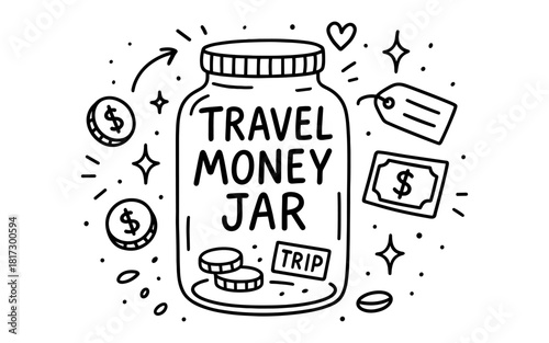 Hand drawn travel money jar with coins and tags doodle