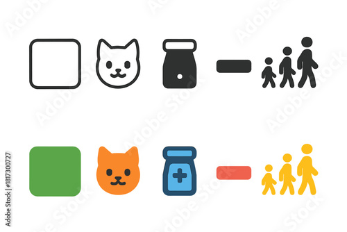 Interactive Pet Icons. Linear minimalistic interactive pet icon: play area, pet avatar, treat dispenser, mini game console, health