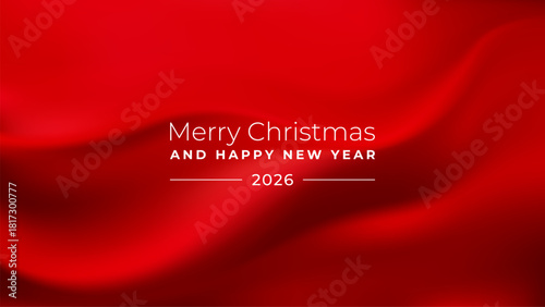 Merry Christmas and Happy New Year 2026 text on a deep red background with subtle light waves, for holiday greeting card.