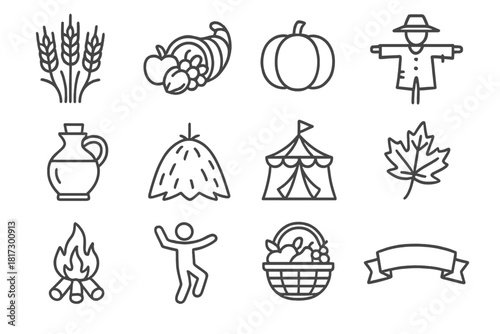 Harvest Celebration Icons. Line style icons of Harvest Celebrations: wheat sheaf, cornucopia, pumpkin, scarecrow; cider jug,