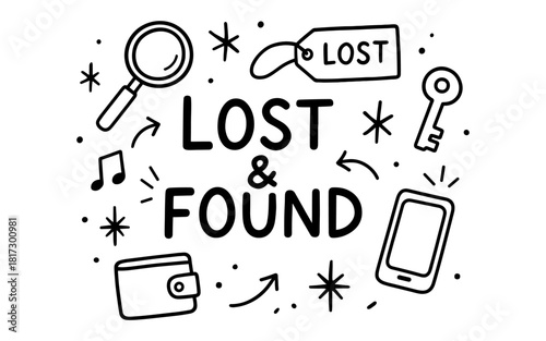 Lost and found doodle with key, phone, wallet, and magnifying glass