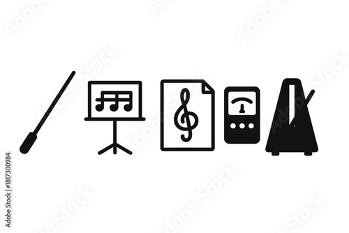 Ensemble Practice Icons. Linear minimalistic ensemble practice icon: conductor baton, sheet music, music stand, clef chart, tuning