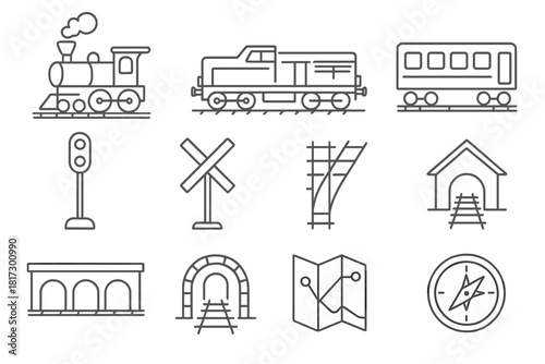 Railroad Icons Collection. Line style icons of Railroads: Steam Engine, Diesel Locomotive, Passenger Car, Track; Signal, Crossing,