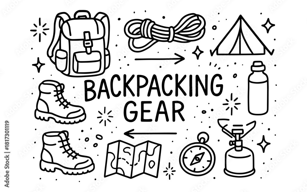 Obraz premium Essential backpacking gear line art set with outdoor camping elements