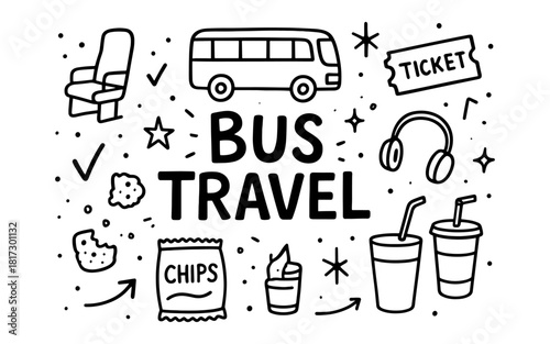 Doodle style bus travel essentials with snacks and tickets
