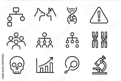 Inbreeding Effects Icons. Line style icons of Inbreeding Effects: pedigree chart, related animals, genetic mutation, warning sign;