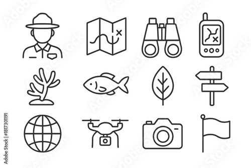 Conservation Icons Set. Line style icons of Conservation Efforts: Ranger, Map, Binoculars, GPS; Coral Sapling, Fish, Leaf,