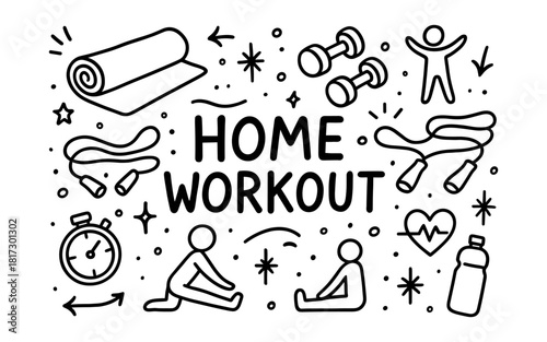 Home workout doodles: fitness equipment and exercise icons in black and white
