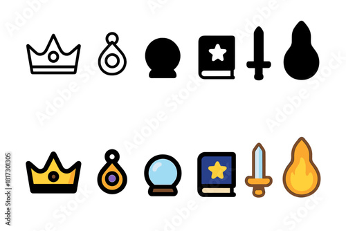 Mythical Artifacts Icons. Linear minimalistic mythical artifacts icon: enchanted crown, magic amulet, crystal orb, spellbook,