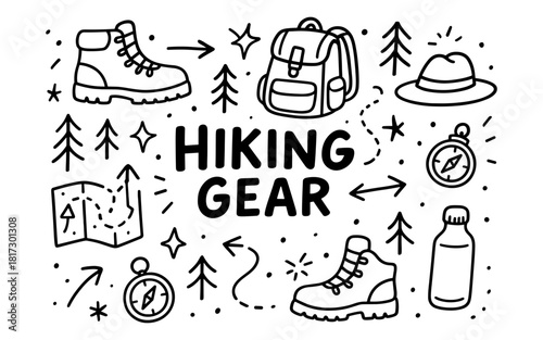 Hand drawn hiking gear icons with map, hat, and compass in black and white doodle style