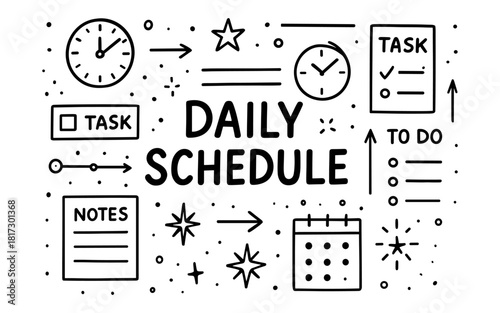 Hand drawn daily schedule with clocks and task lists