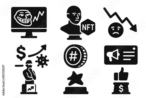 Meme Economy Icons. Solid style icons of meme economy icons: stock chart with meme face, NFT meme bust, value drop panel. Viral