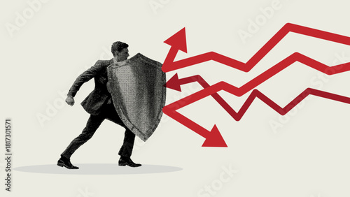 Businessman holding a shield defending against falling red arrows representing financial decline and risk protection