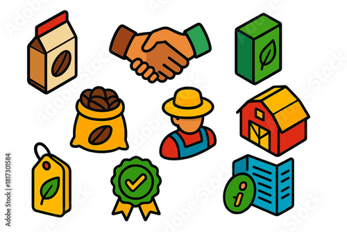 Ethical Shopping Icons. Isometric vector illustration set Ethical shopping – fair trade coffee bag, cocoa bean sack, tea leaf