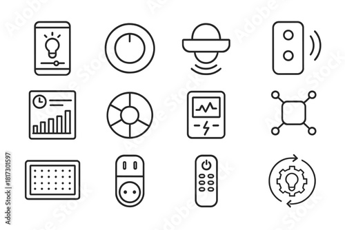 Lighting Control Icons. Line style icons of Lighting Control Technology: app interface, dimmer knob, motion sensor, wireless