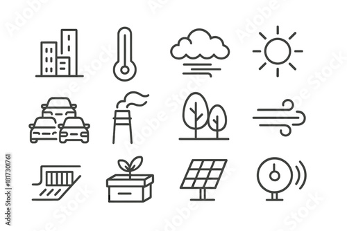 Urban Climate Icons. Line style icons of Urban Climate: city skyline, thermometer, smog cloud, sun rays; traffic jam, industrial