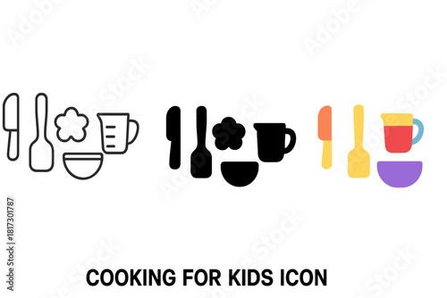 Cooking Tools for Kids. Linear minimalistic cooking for kids icon: child-safe knife, silicone spatula, cookie cutter, measuring