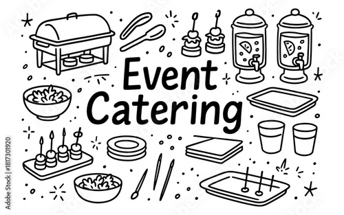Event catering doodles: food and drink elements in hand drawn style
