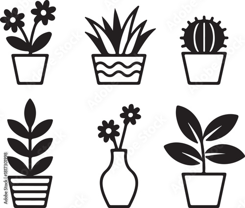 Six potted plants in a minimalist style are arranged against a transparent background